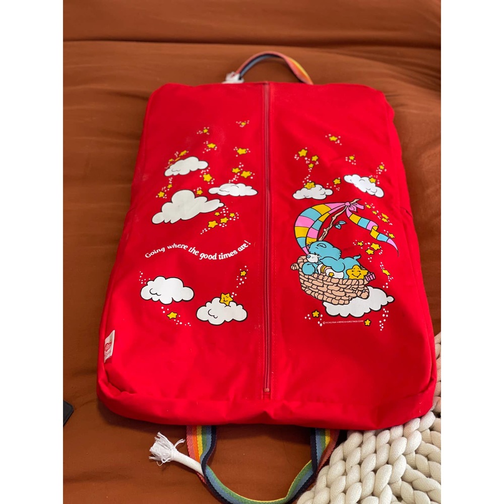 1983 Vintage CARE BEARS GARMENT BAG Blue Vinyl Rainbow Handles